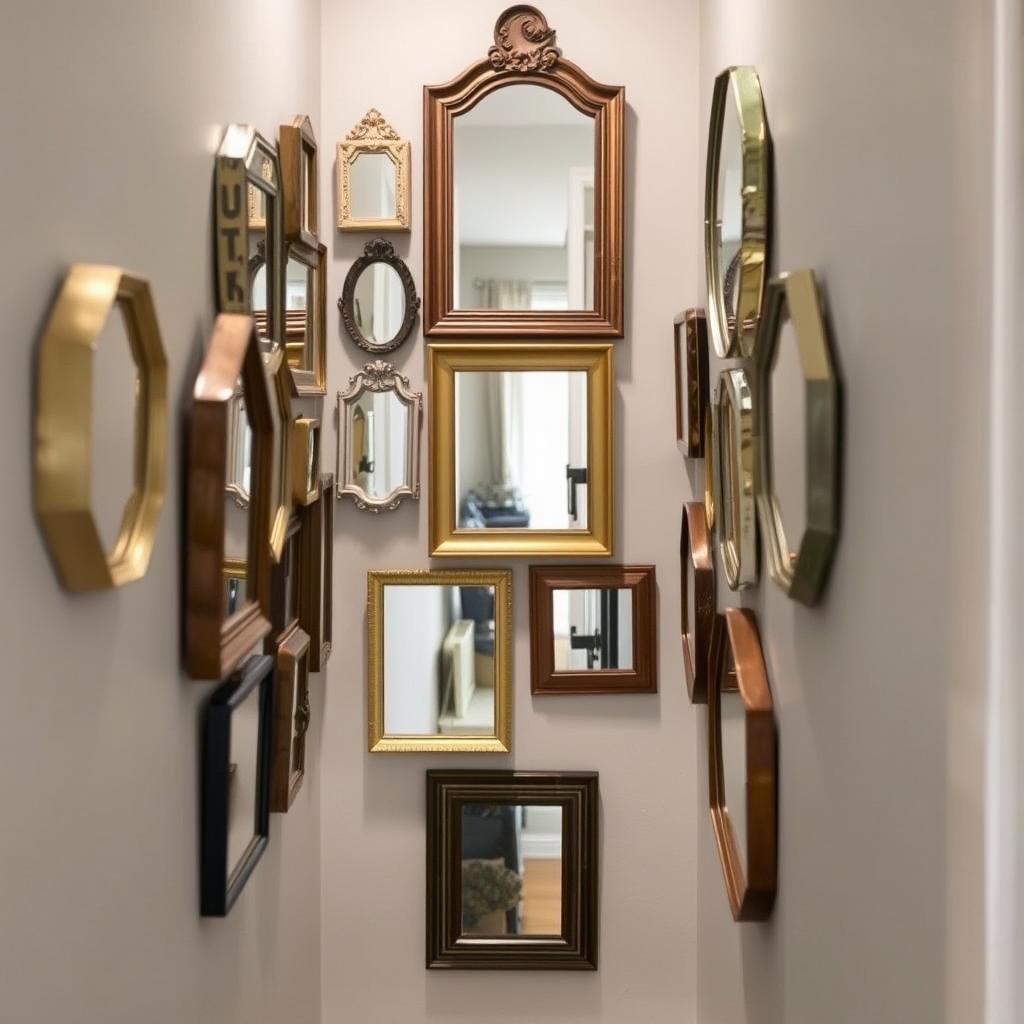 Collection of small mirrors creating gallery wall in tiny hallway Collection of small mirrors creating gallery wall in tiny hallway