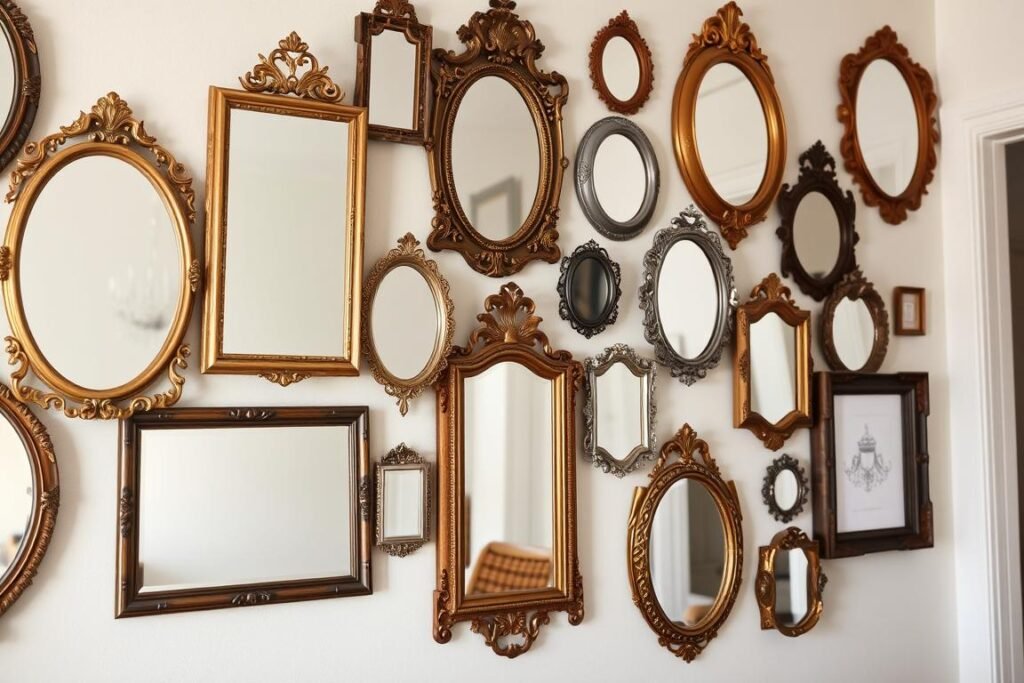 Collection of small vintage mirrors arranged as a gallery wall Collection of small vintage mirrors arranged as a gallery wall