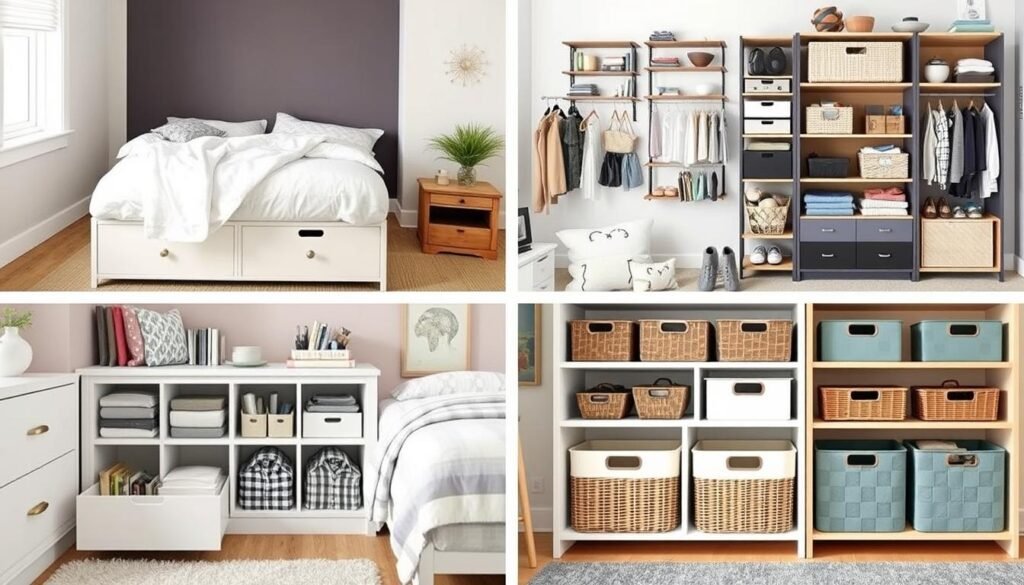 Collection of stylish storage solutions for teen bedrooms including under-bed storage, wall organization, and multifunctional furniture Collection of stylish storage solutions for teen bedrooms including under-bed storage, wall organization, and multifunctional furniture
