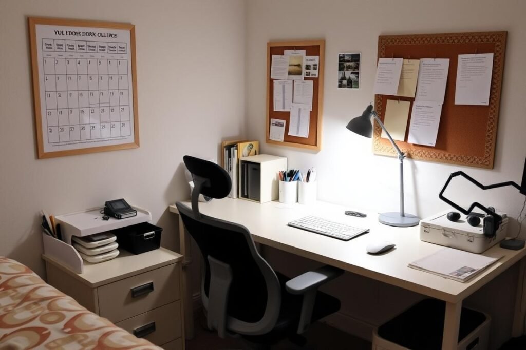 College dorm room study area with organized desk, good lighting, and ergonomic setup College dorm room study area with organized desk, good lighting, and ergonomic setup