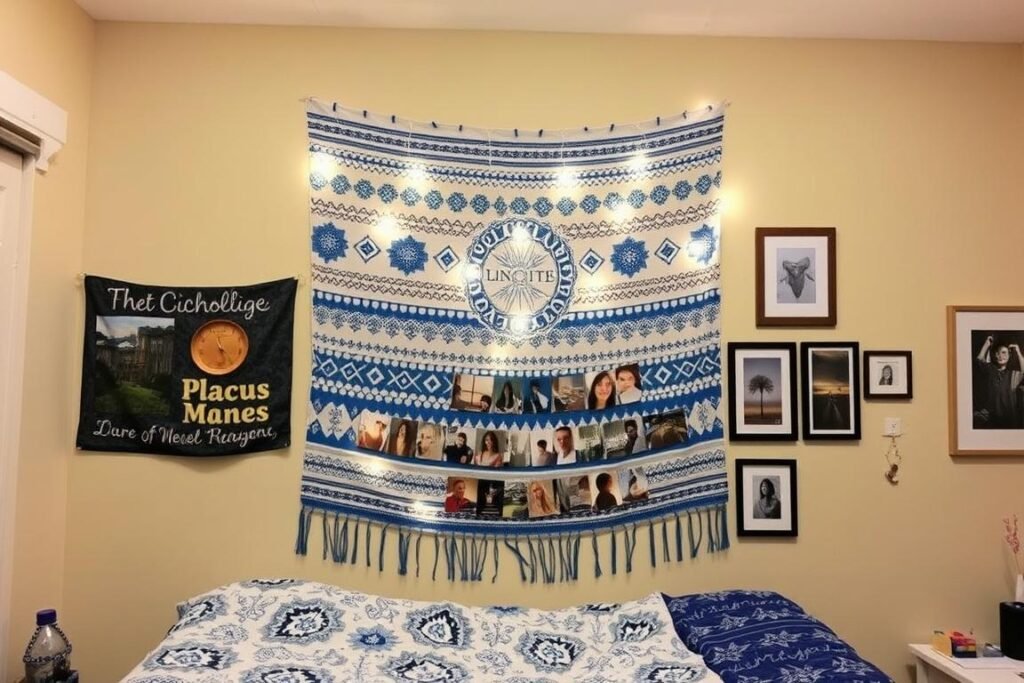 College dorm room wall decorated with tapestry, photos, and string lights College dorm room wall decorated with tapestry, photos, and string lights