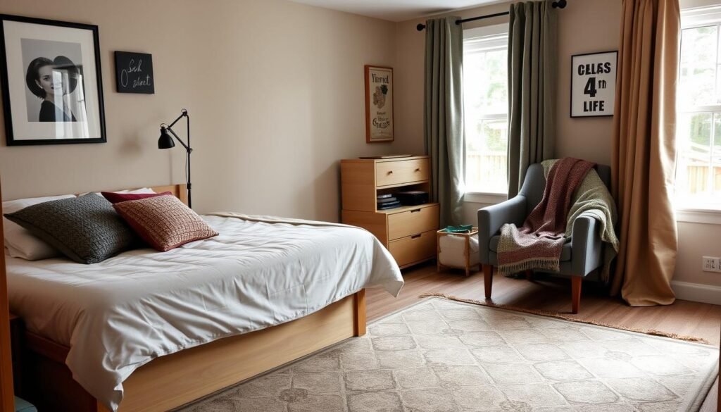 College dorm room with area rug, throw pillows, and soft textiles adding warmth College dorm room with area rug, throw pillows, and soft textiles adding warmth