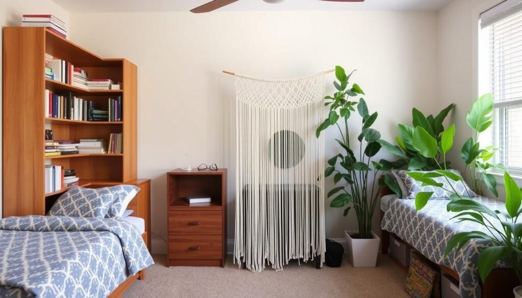 College dorm room with creative room dividers providing privacy in shared space College dorm room with creative room dividers providing privacy in shared space