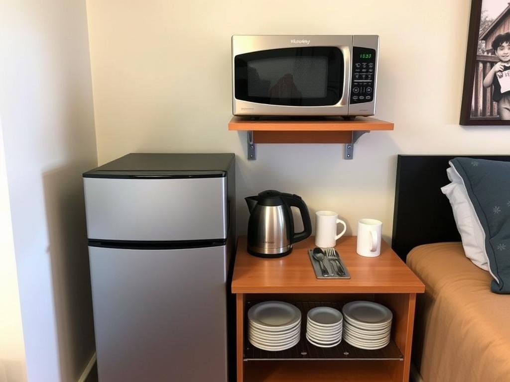 College dorm room with mini fridge, microwave, and compact kitchen essentials College dorm room with mini fridge, microwave, and compact kitchen essentials