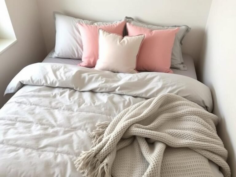 College dorm room with stylish bedding featuring plush pillows and a coordinated color scheme