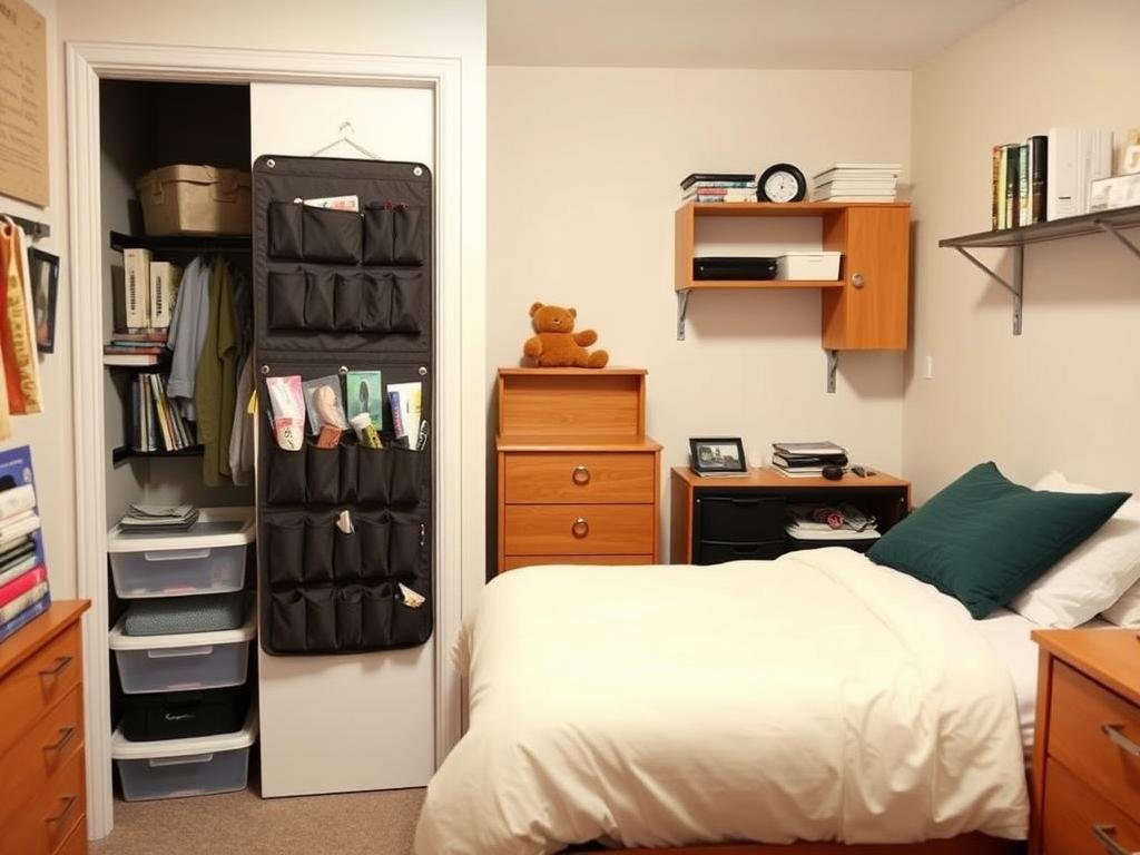 College dorm room with under-bed storage, over-door organizers, and vertical storage solutions College dorm room with under-bed storage, over-door organizers, and vertical storage solutions