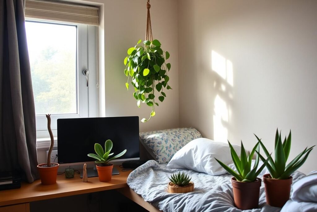College dorm room with various low-maintenance plants adding life and color College dorm room with various low-maintenance plants adding life and color