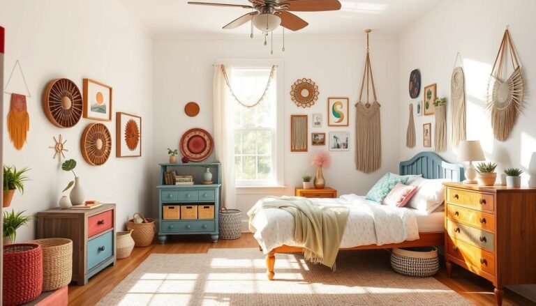 Colorful DIY room decor ideas displayed in a bright, personalized bedroom with handmade wall art, upcycled furniture, and creative storage solutions