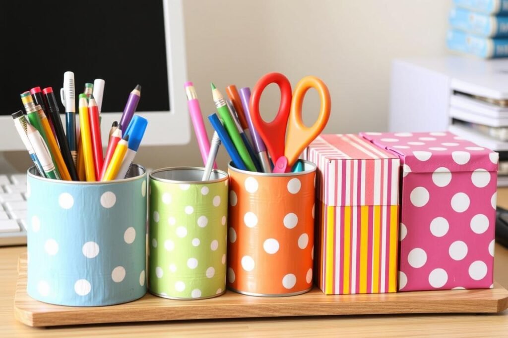 Colorful desk organizer made from recycled materials like cardboard tubes and boxes Colorful desk organizer made from recycled materials like cardboard tubes and boxes