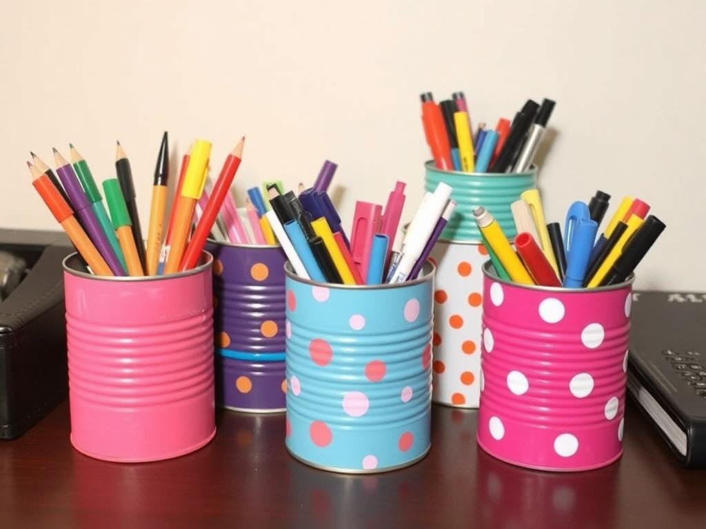 Colorful painted tin cans used as desk organizers for pens and supplies Colorful painted tin cans used as desk organizers for pens and supplies