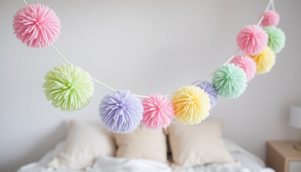 Colorful pom-pom garland hanging across a bedroom wall Colorful pom-pom garland hanging across a bedroom wall