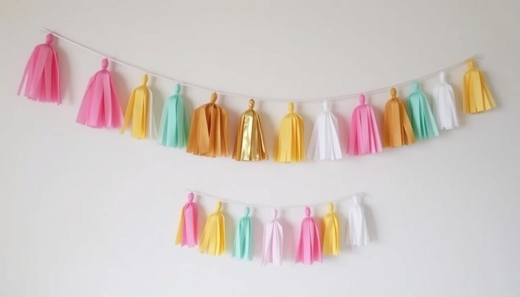 Colorful tissue paper tassel garland hanging on wall, easy diy room decor for parties and everyday Colorful tissue paper tassel garland hanging on wall, easy diy room decor for parties and everyday