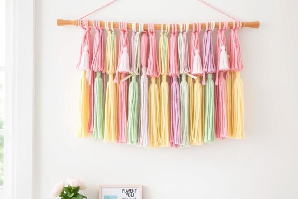 Colorful yarn tassel wall hanging on a wooden dowel Colorful yarn tassel wall hanging on a wooden dowel