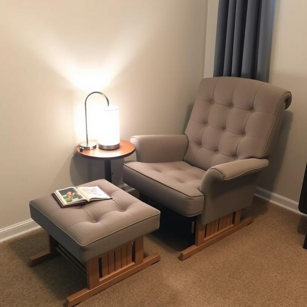 Comfortable nursery glider with ottoman in a cozy corner with soft lighting