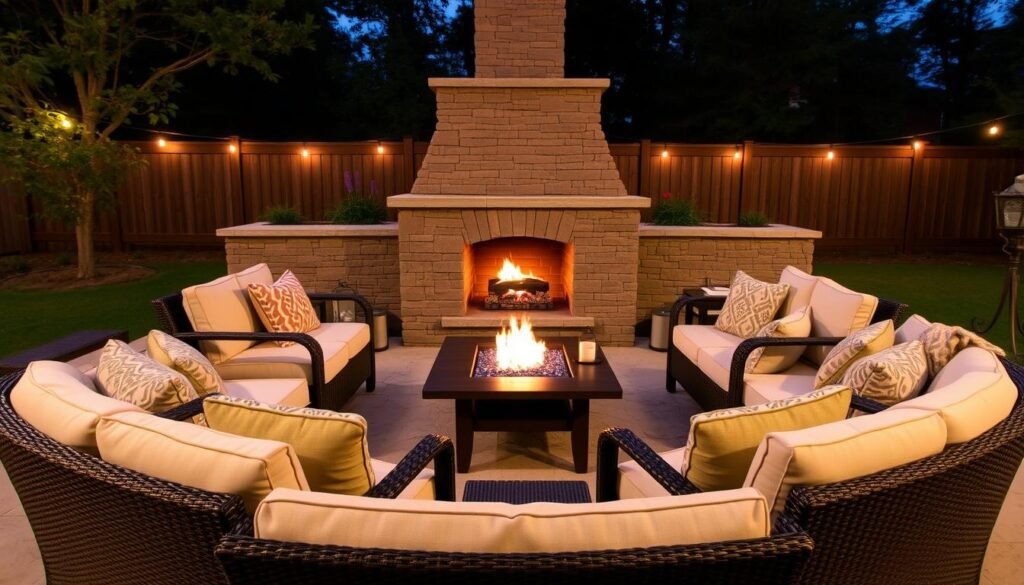 Comfortable seating arrangement around an outdoor fireplace