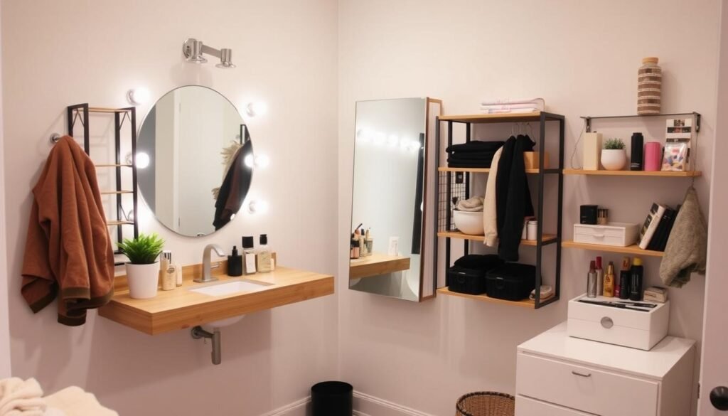 Compact beauty room setup in a small corner with vertical storage