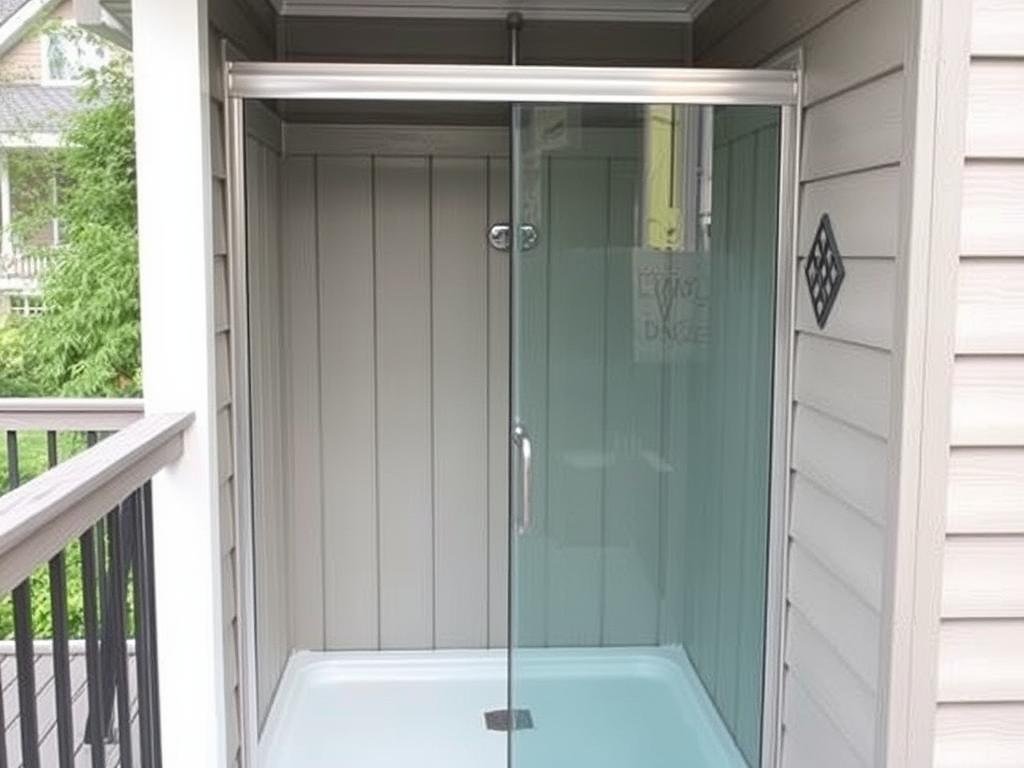 Compact corner outdoor shower enclosure Compact corner outdoor shower enclosure