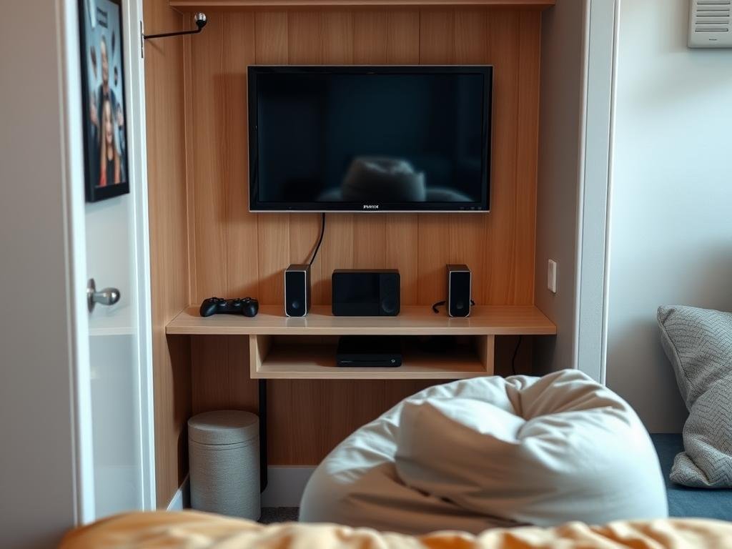 Compact entertainment area in dorm room with wall-mounted TV Compact entertainment area in dorm room with wall-mounted TV