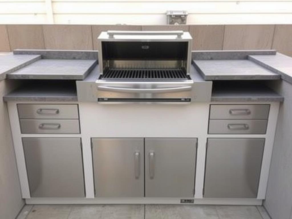 Compact linear simple outdoor kitchen with built-in grill