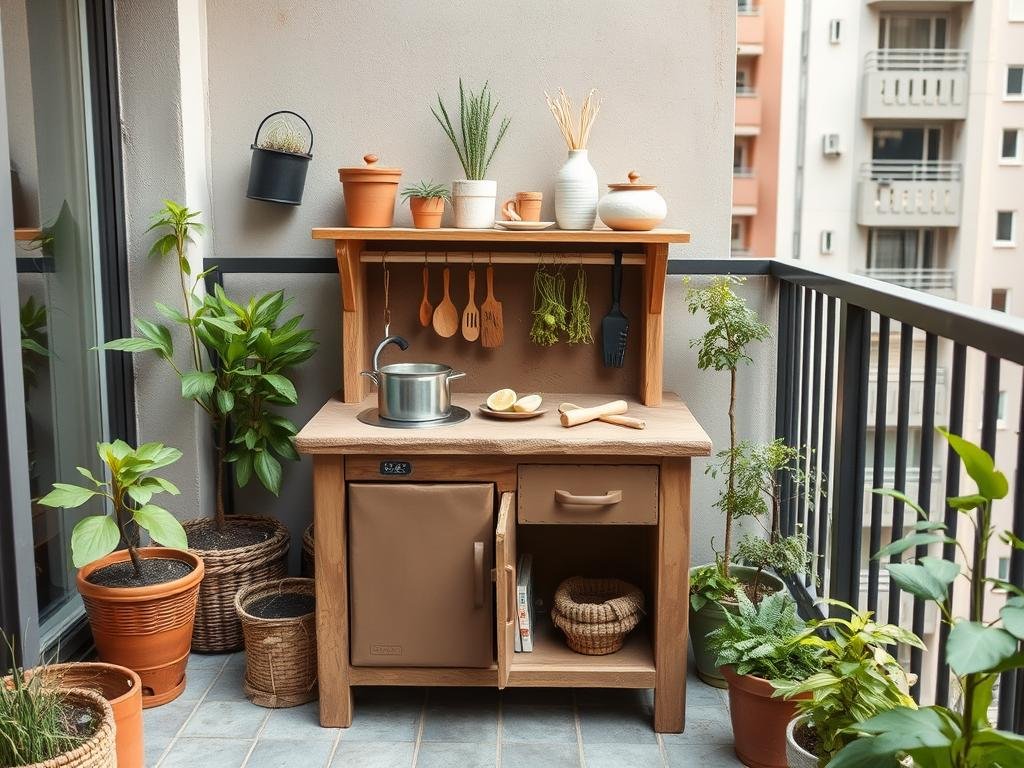 Compact mud kitchen setup on a small balcony with space-saving features Compact mud kitchen setup on a small balcony with space-saving features