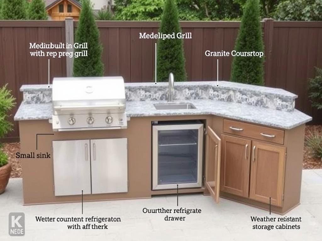 Compact outdoor kitchen with essential elements labeled