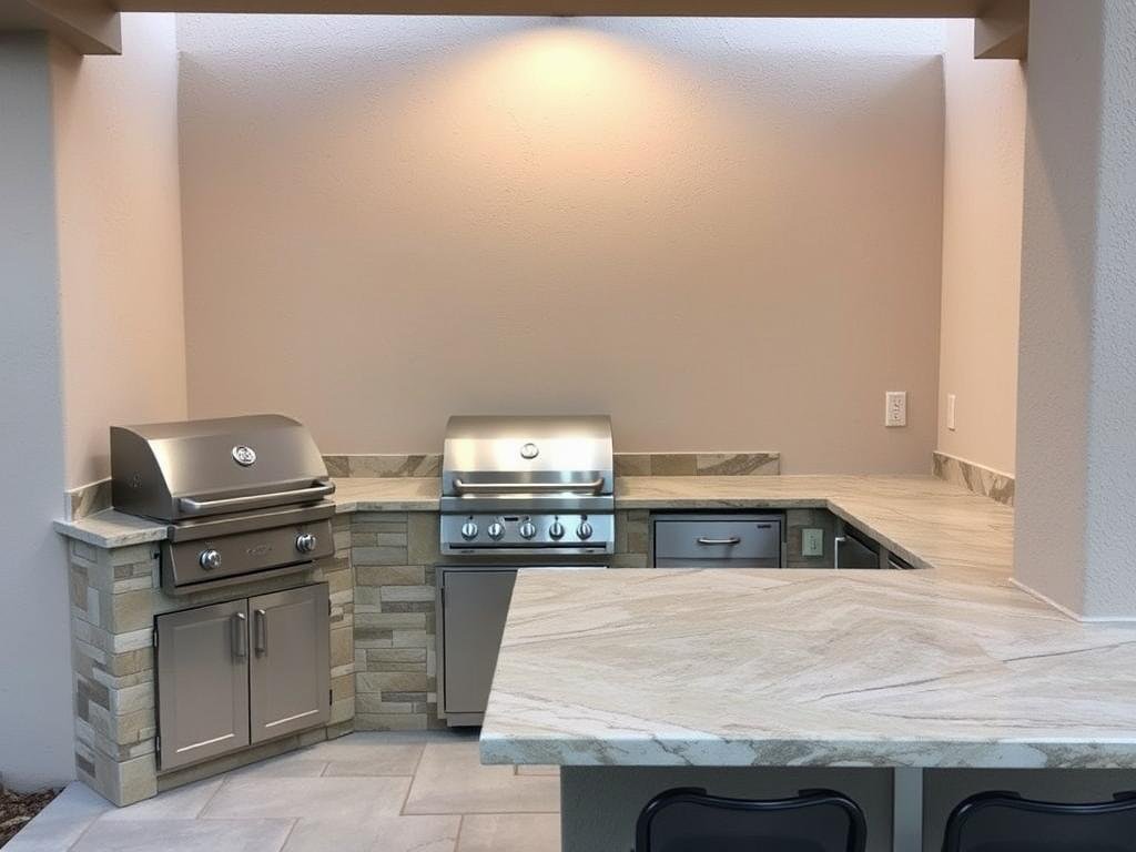 Compact outdoor kitchen with stone countertops and stainless steel appliances