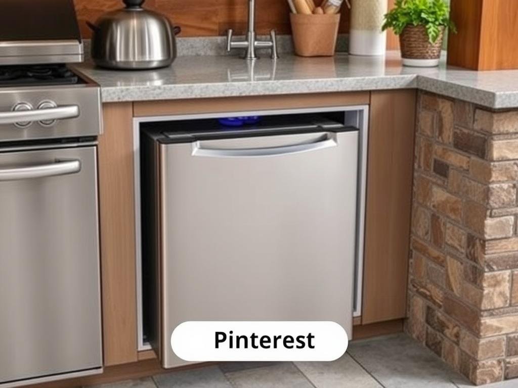 Compact refrigerator drawer in small outdoor kitchen design