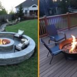 Comparison of a permanent stone fire pit and a portable metal fire bowl in an outdoor setting