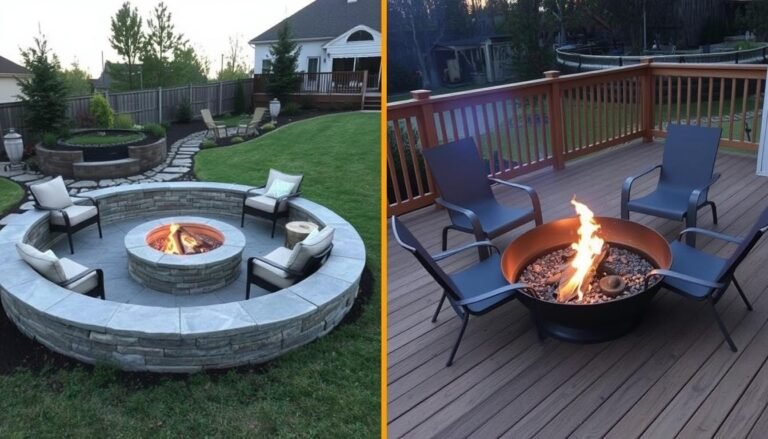 Comparison of a permanent stone fire pit and a portable metal fire bowl in an outdoor setting