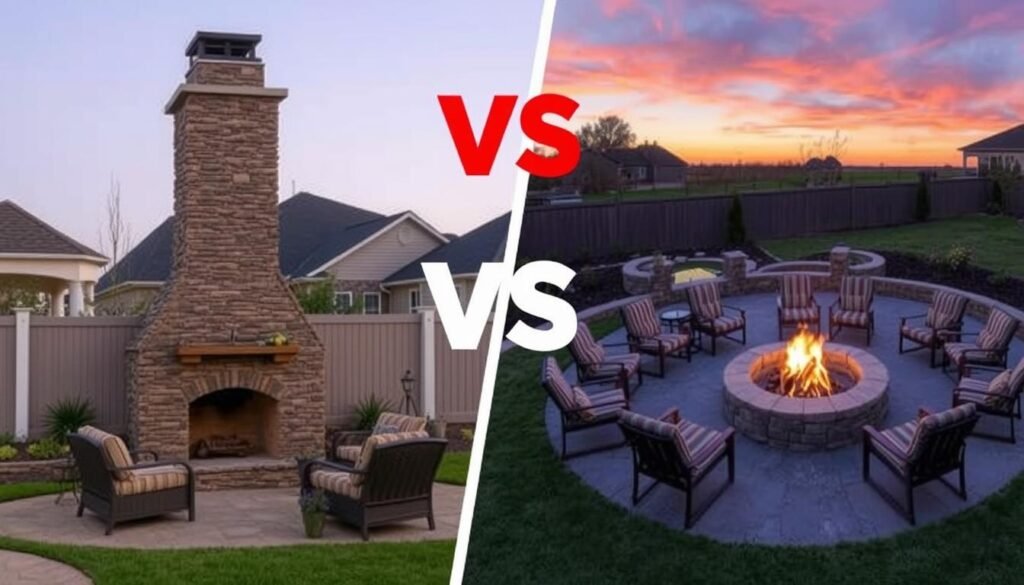 Comparison of an outdoor fireplace and fire pit in backyard settings