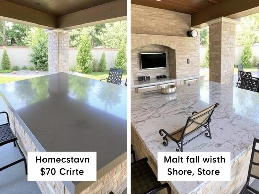 Comparison of concrete countertop next to natural stone showing similar aesthetic at lower cost