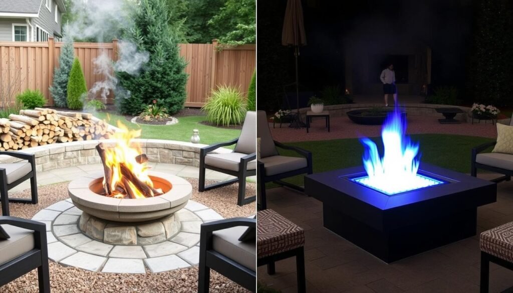 Comparison of wood-burning and gas outdoor fire pit areas