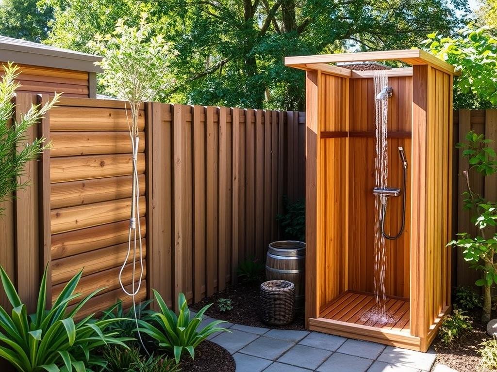 Complete outdoor shower kit with wooden enclosure and fixtures installed in backyard