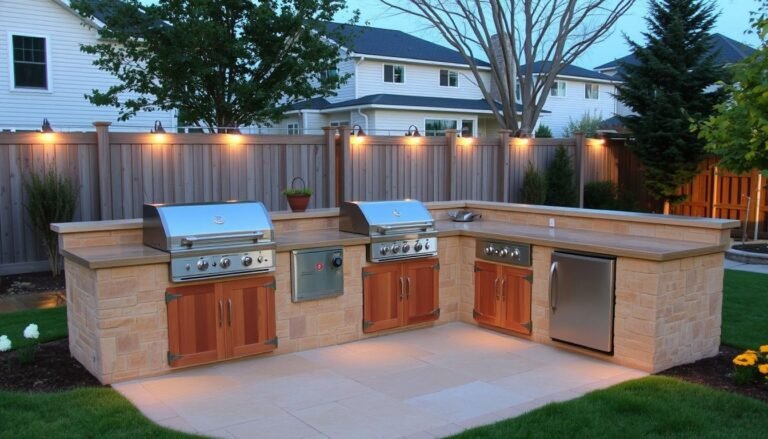 Completed DIY outdoor kitchen with grill, countertops, and seating area