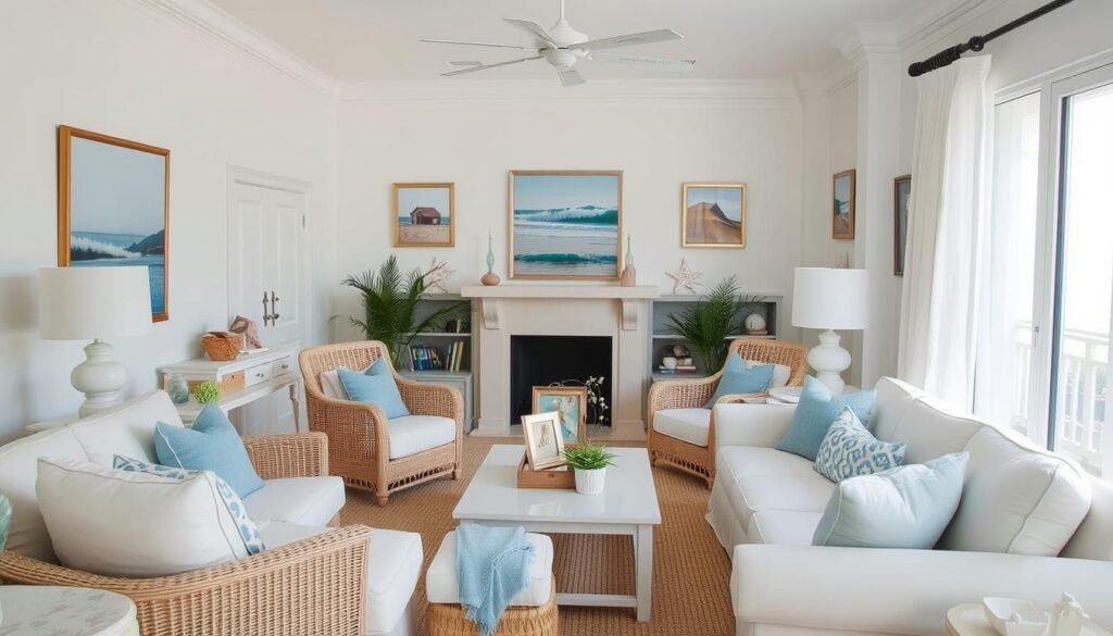 Completed beach-themed room showing the perfect balance of coastal elements, natural light, and personal touches