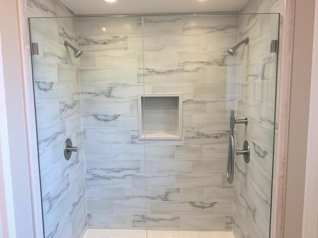Completed modern shower remodel with glass doors and custom tile Completed modern shower remodel with glass doors and custom tile