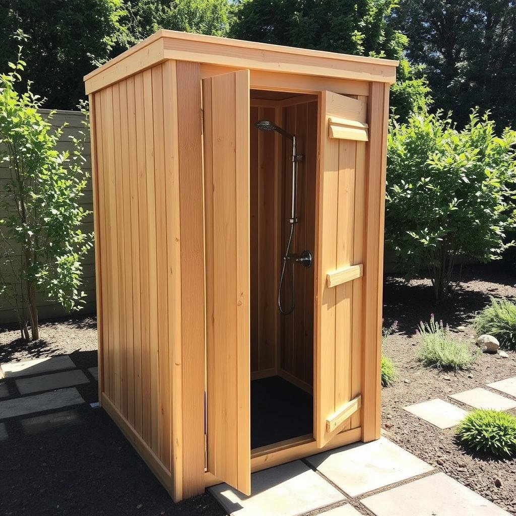 Completed outdoor shower enclosure with door and changing area