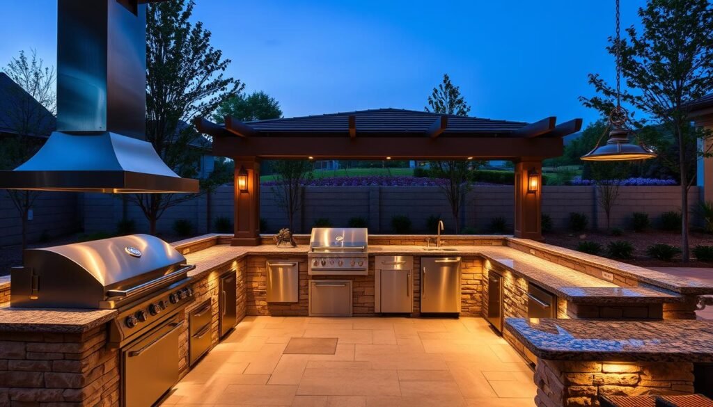 Comprehensive luxury outdoor kitchen with multiple cooking zones, bar seating, and elegant lighting at twilight
