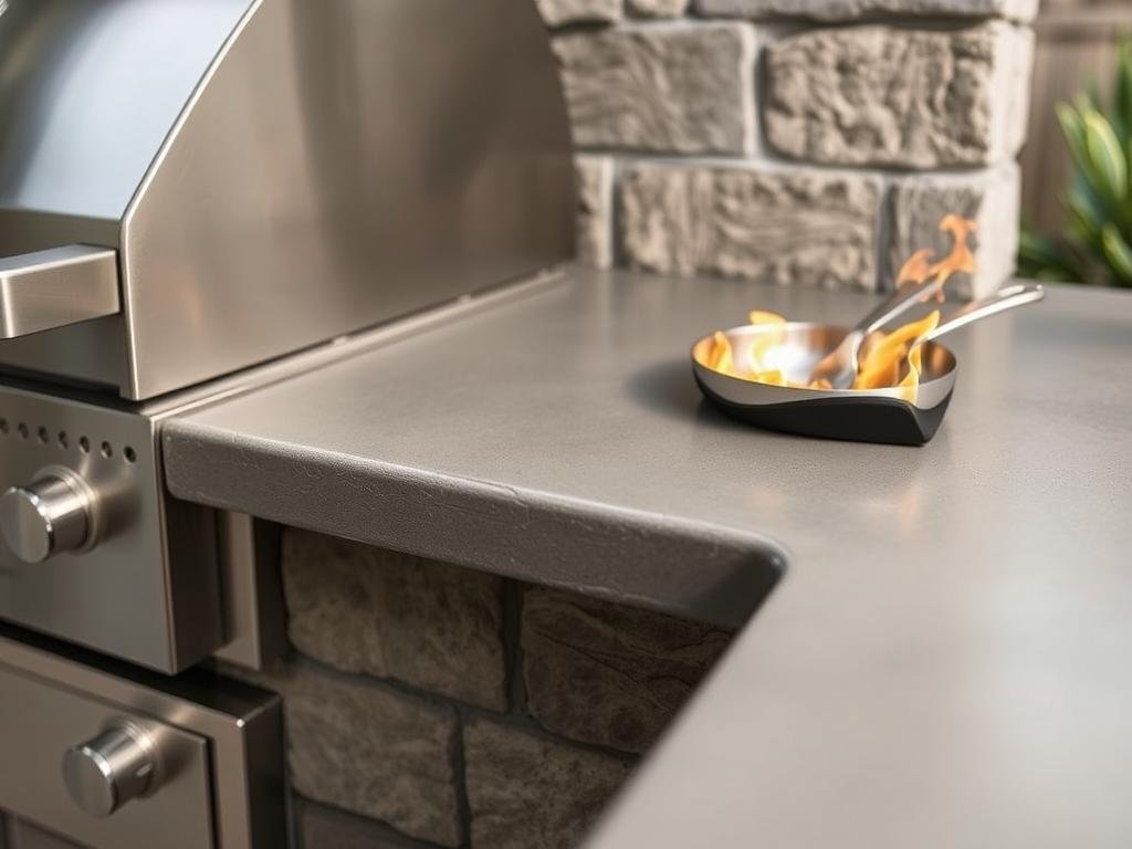 Concrete countertop with built-in grill showing heat resistance properties
