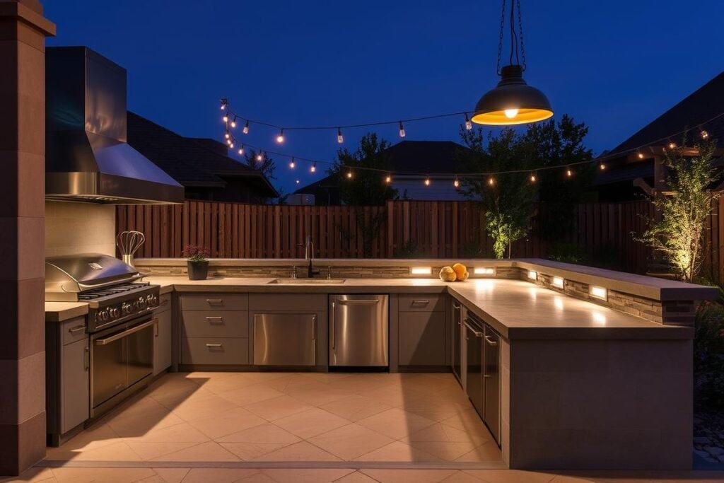 Concrete outdoor kitchen at night with strategic lighting highlighting features