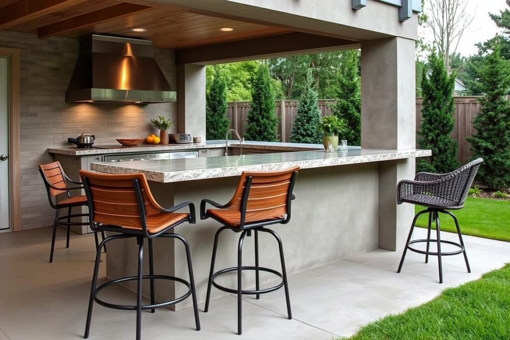 Concrete outdoor kitchen bar with comfortable weather-resistant bar stools