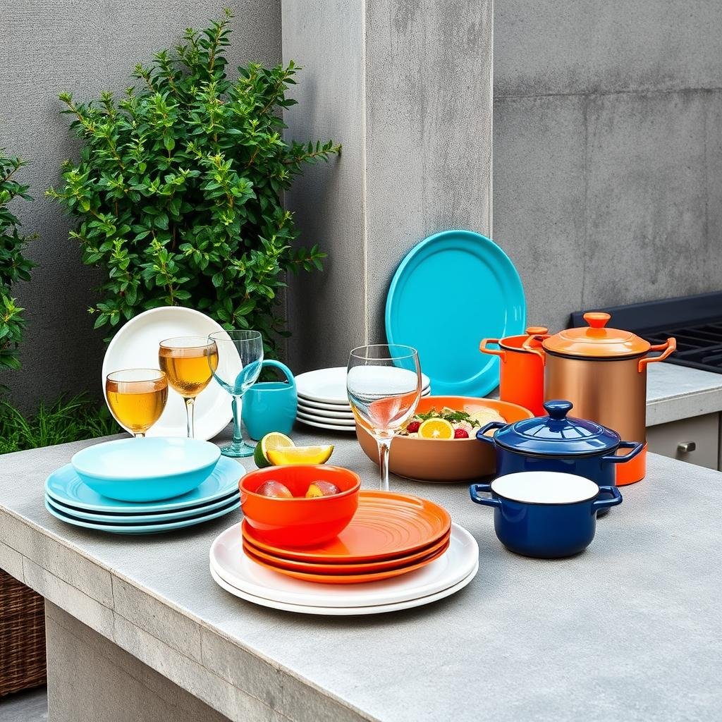 Concrete outdoor kitchen countertop with stylish outdoor-safe serving ware displayed