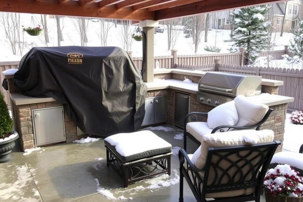 Concrete outdoor kitchen properly winterized with covers and protection