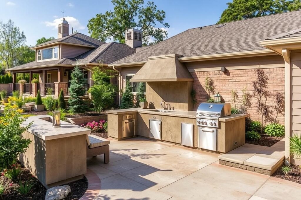 Concrete outdoor kitchen seamlessly integrated with existing patio and landscape design