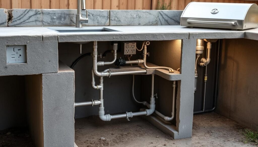Concrete outdoor kitchen showing utility installations including plumbing, gas, and electrical