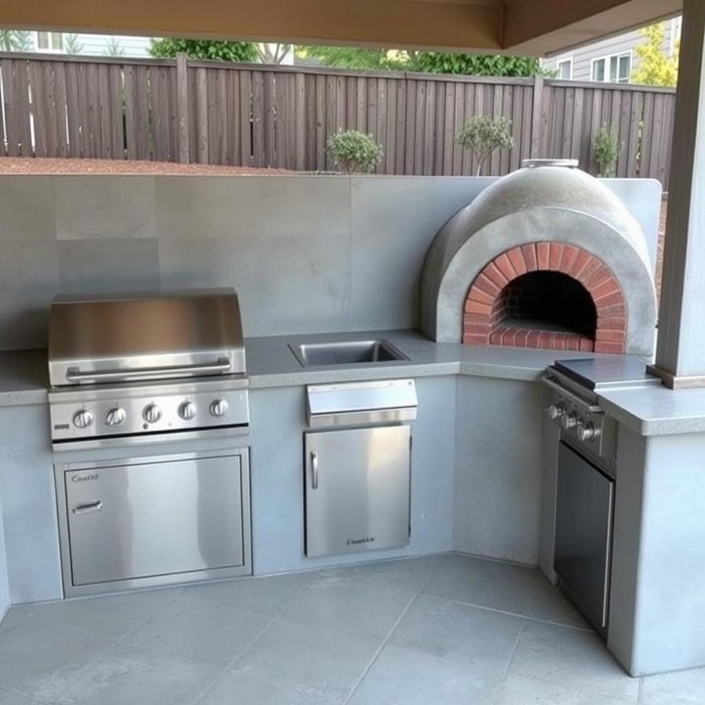 Concrete outdoor kitchen with built-in grill, pizza oven, and side burners