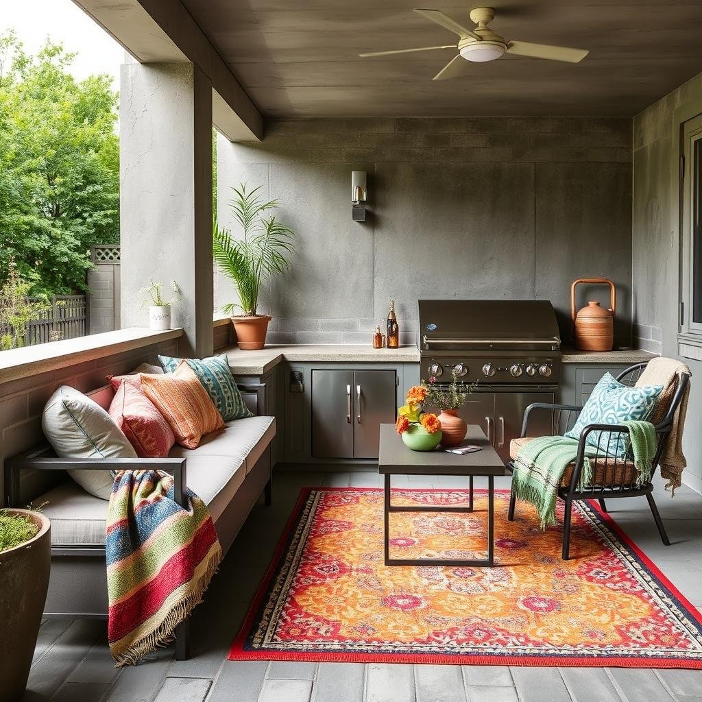Concrete outdoor kitchen with colorful weather-resistant textiles adding warmth