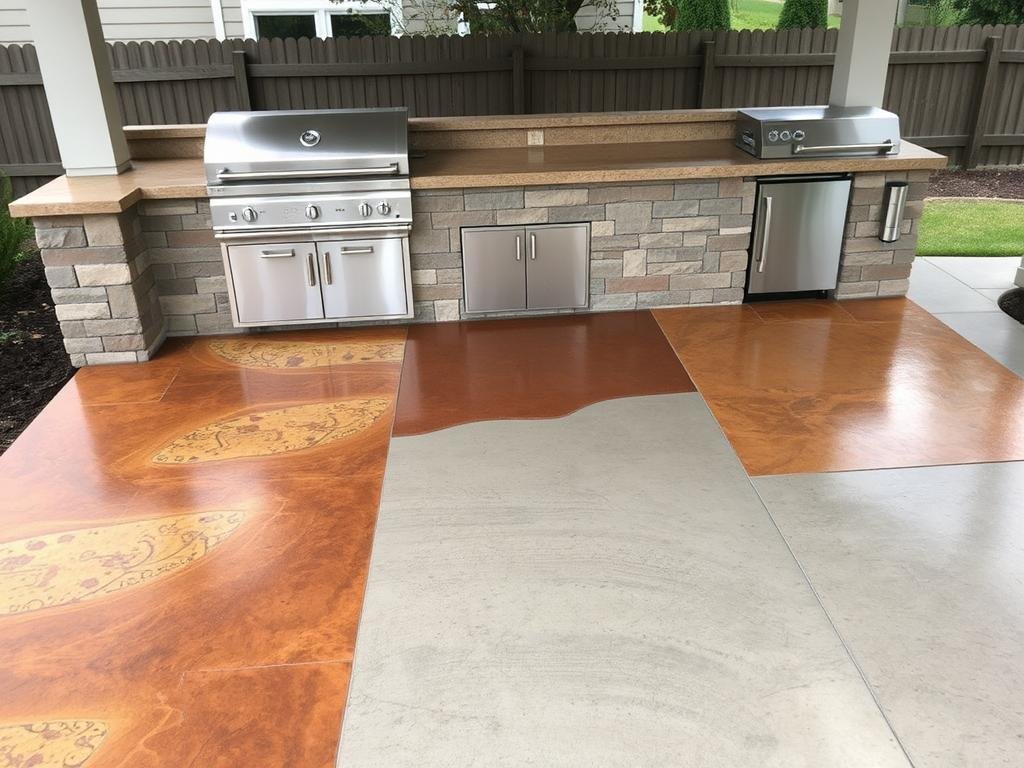 Concrete outdoor kitchen with custom colored and stamped concrete finishes