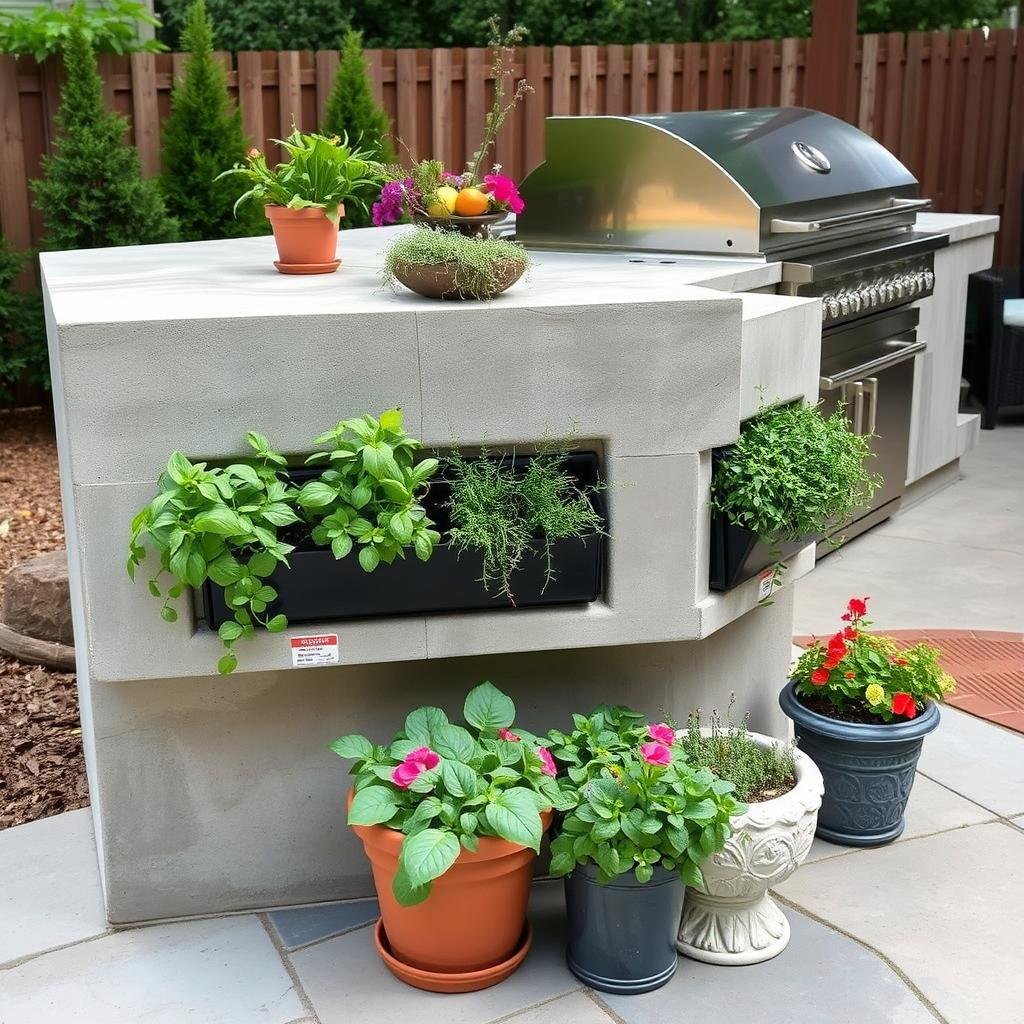 Concrete outdoor kitchen with integrated herb planters and container gardens