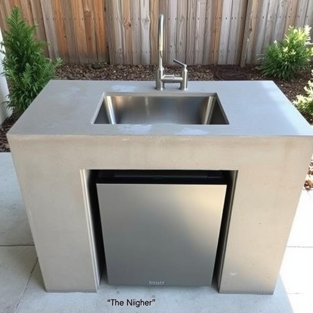 Concrete outdoor kitchen with integrated sink and undercounter refrigerator